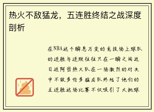 热火不敌猛龙，五连胜终结之战深度剖析